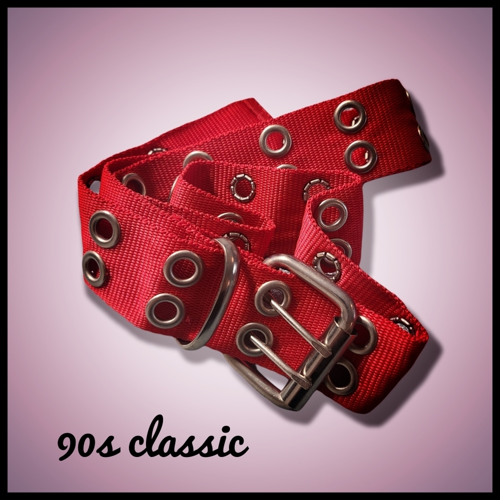 90s Classic Canvas Belt 1.5" 2-Row Metal Eyelets Red - Picture 11 of 11
